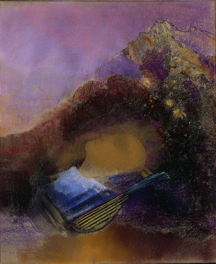 Odilon Redon, Orpheus: a profile and a lyre against a violet mountain